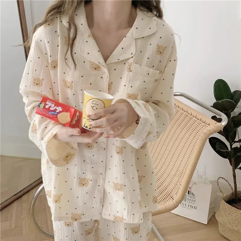 Spring New Pastoral Floral Lapel Cardigan Pajamas Women Long-Sleeve Pajamas Imitation Cotton Crinkle Loose Girl Homewear Set