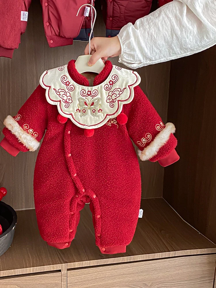 

Winter Embroidered Fce Onesie for Baby Girls Celebration New Year Outfit One Year Old Anniversary Cler Suit Korean Sle