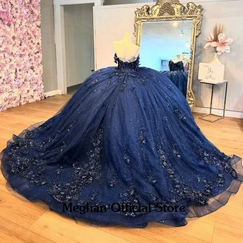فساتين Quinceanera الفاخرة باللون الأزرق الداكن 16 زهرة فساتين رسمية Vestidos de 15 Quinceanera مخصصة #2