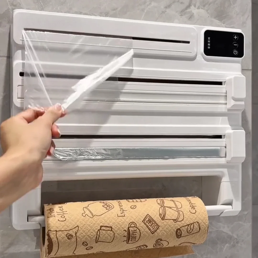 Multifunctional kitchen Household non-punching wall-mounted plastic wrap tinfoil cutter Roll paper holder Timed model
