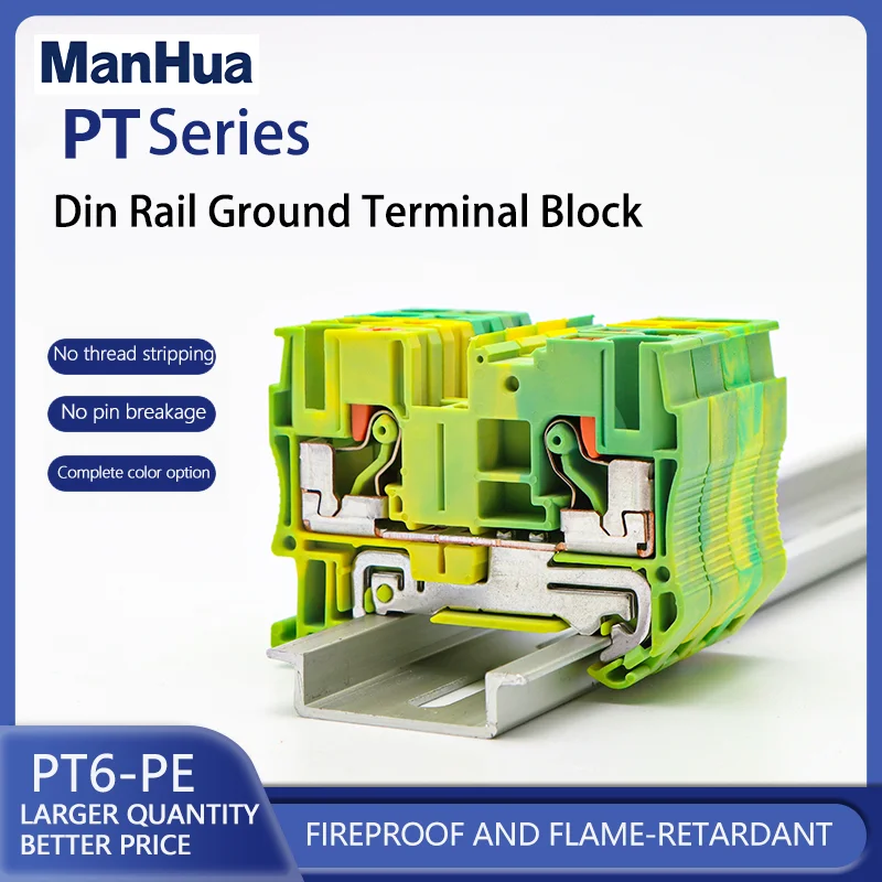 ManHua 5Pcs PT6-PE Din Rail Ground Terminal Block Ground Spring Feed Through Connection Push In Screwless Wire Conductor