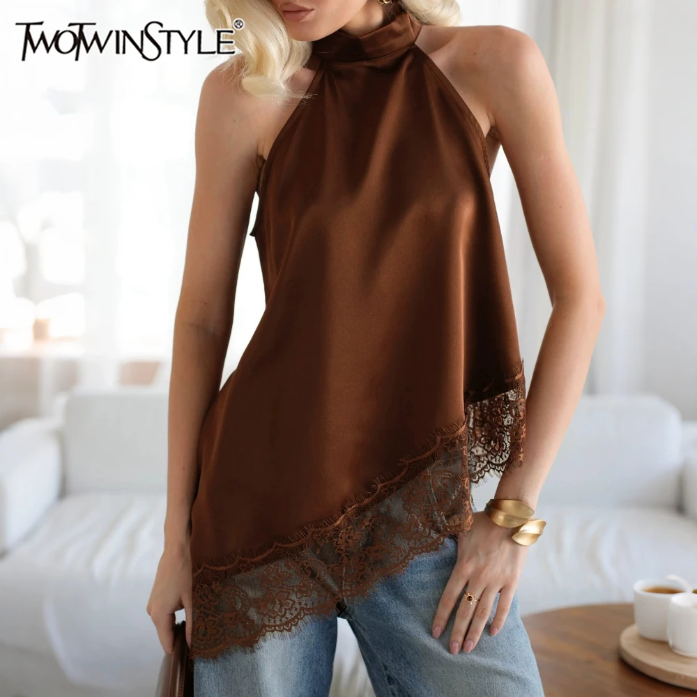 TWOTWINSTYLE Brown Loose Spliced Lace Chic Vests for Women Stand Collar Sleeveless French Vintage Vest Female Summer Fashion New
