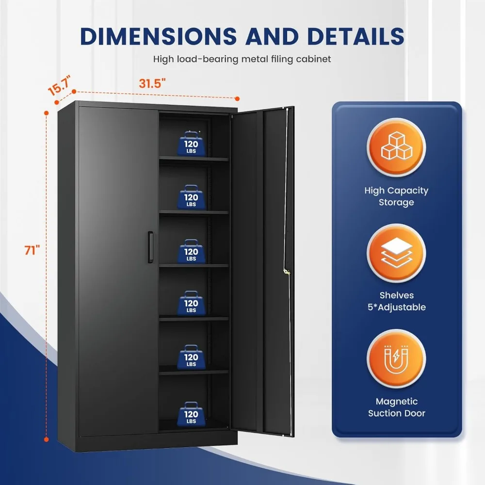 Yizosh 71 Metal Storage Cabinet with 2 Doors and 5 Adjustable Shelves - Secure Lockable File and Tool Storage
