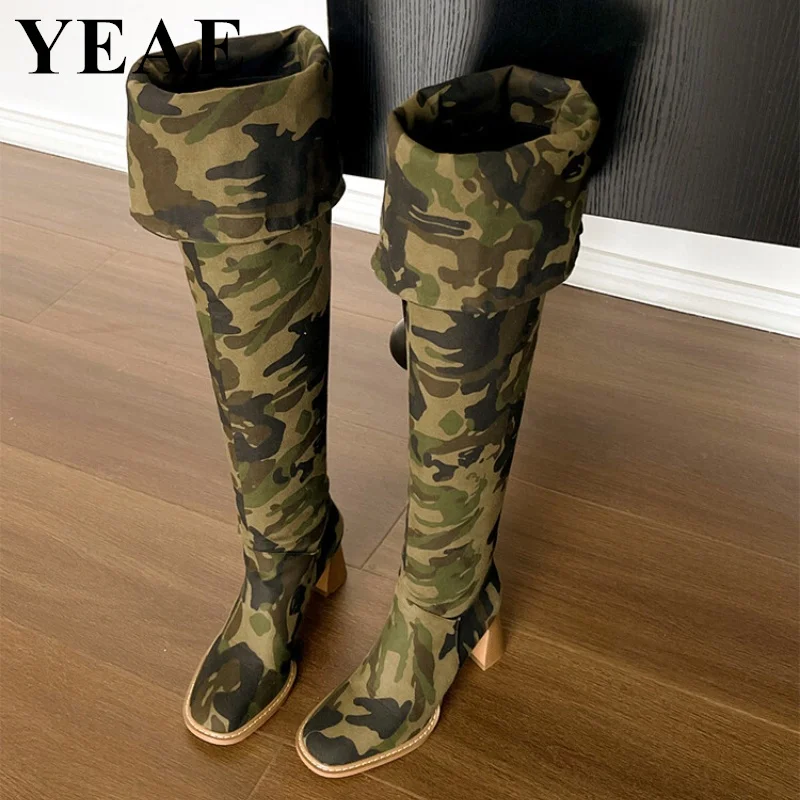 New Camouflage Denim Thigh High Boots Women Round Toe Thick High Heel Over-the-Knee Boots Winter Slip On Long Women\'s Boots 2024