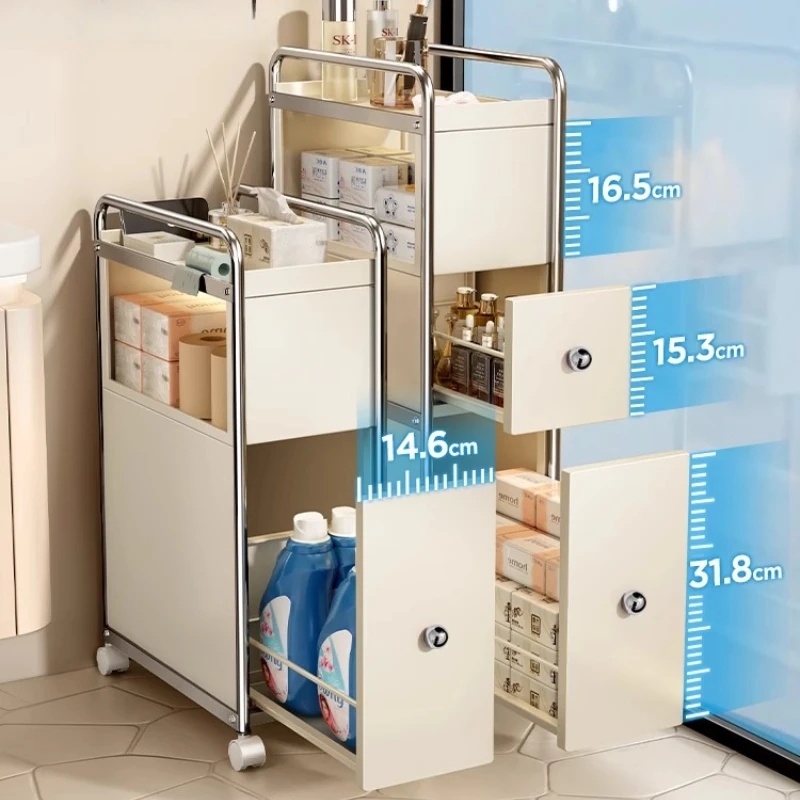 แคบห้องน้ําตู้ Slim ห้องน้ําด้านข้างพร้อมล้อกันน้ํา Gap ชั้นวางสําหรับอาบน้ํา Mobile Vanity Unit