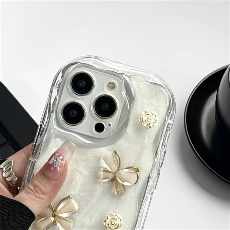 Korean Style 3D Floral Butterfly Epoxy Case For iPhone 15 14 13 12 11 Pro Max X XS XR Camera Protective Wave Silicone Soft Cover