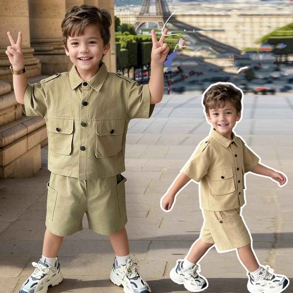 2026 Summer New Boys Suit Child Buttons Shirt Cargo Shorts Multi-pocket Workwear Suit Kids Short Sleeve Shorts Cotton Set