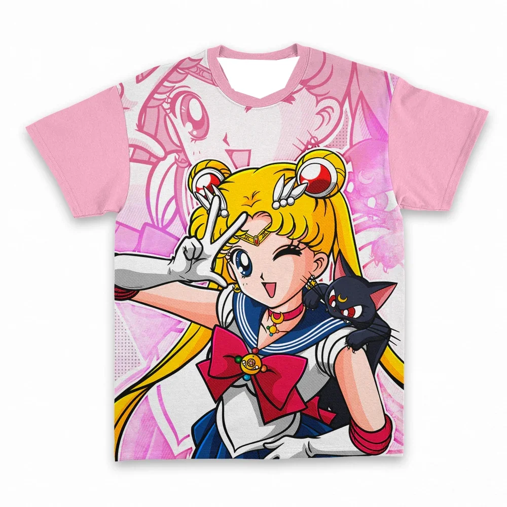2026 Summer Sailor Moon Retro Cosplay T-shirt Men's Oversized 3D Printed Short-sleeved Family Unisex Children's Sports Shirt