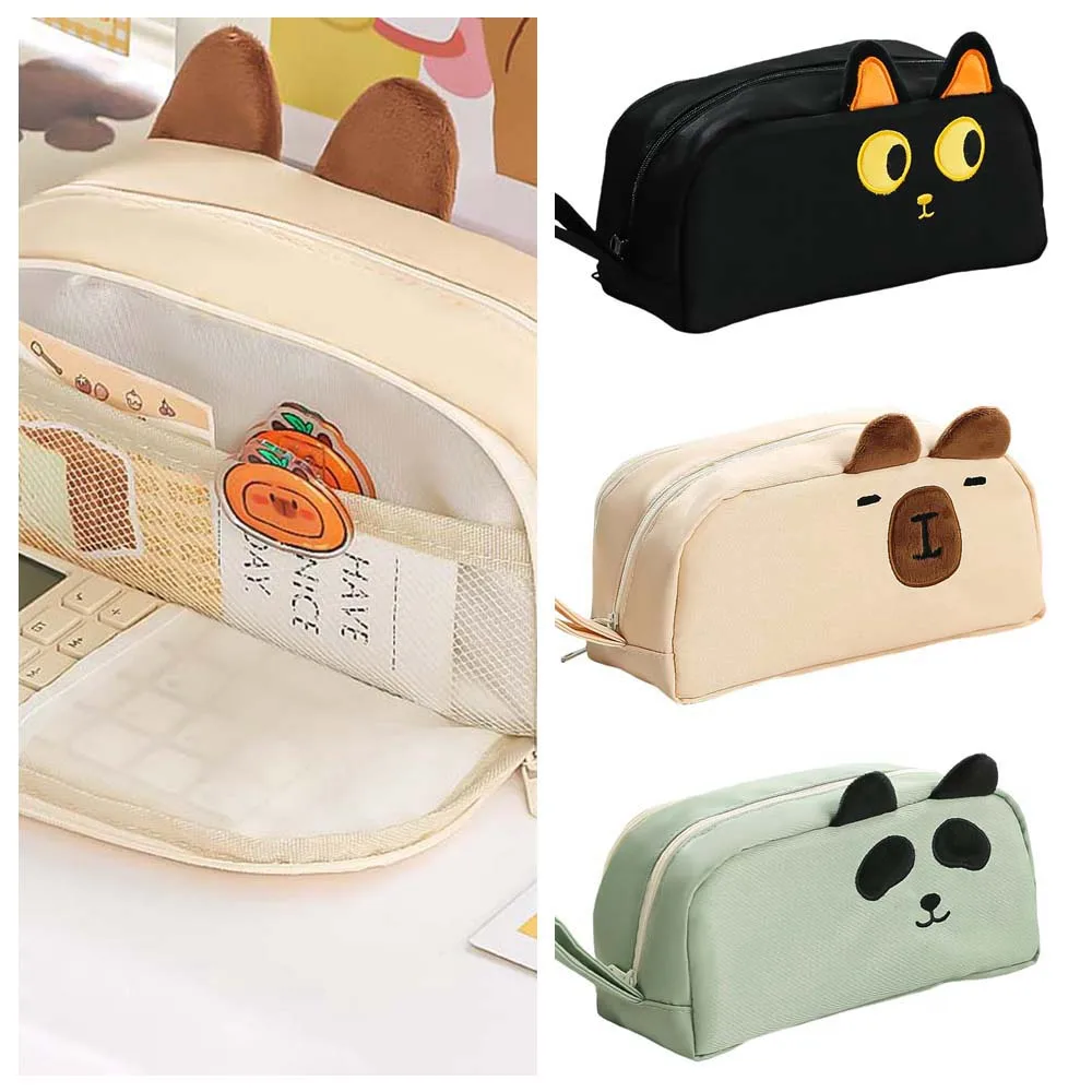 

Large Capacity Capybara Pen Case Black Cat Panda Desktop Organizer Cartoon Pencil Box Animal Stationery Zipper Pencil Pouch