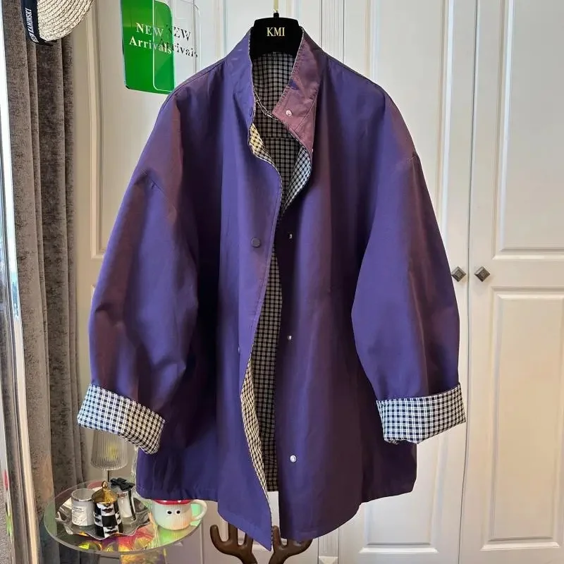 

Fashion Oversized Double-sided Classic Contrasting Plaid Trench Coat Women's Windbreaker Coat Spring Autumn Outerwear Female