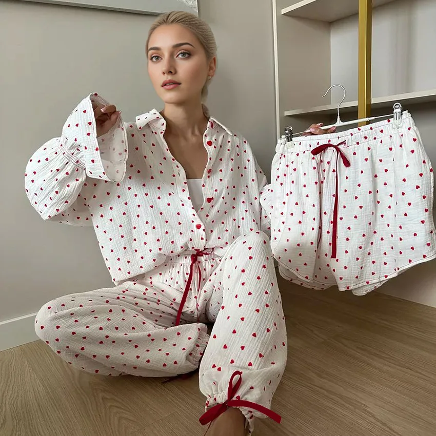 Autumn Winter Pure 100% Cotton Heart Print Long-sleeved Trousers Sets For Women's Sleepwear 3PCS Button Down Lapel Home Clothes