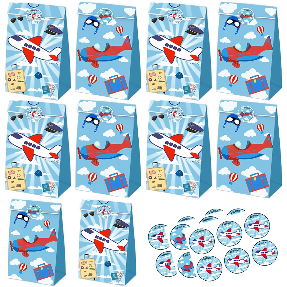 Airplane Party Paper Gift Candy Bag with Sticker Cartoon Plane Goodie Treat Bags Kids Aviator Flight Theme Birthday Decor Favors