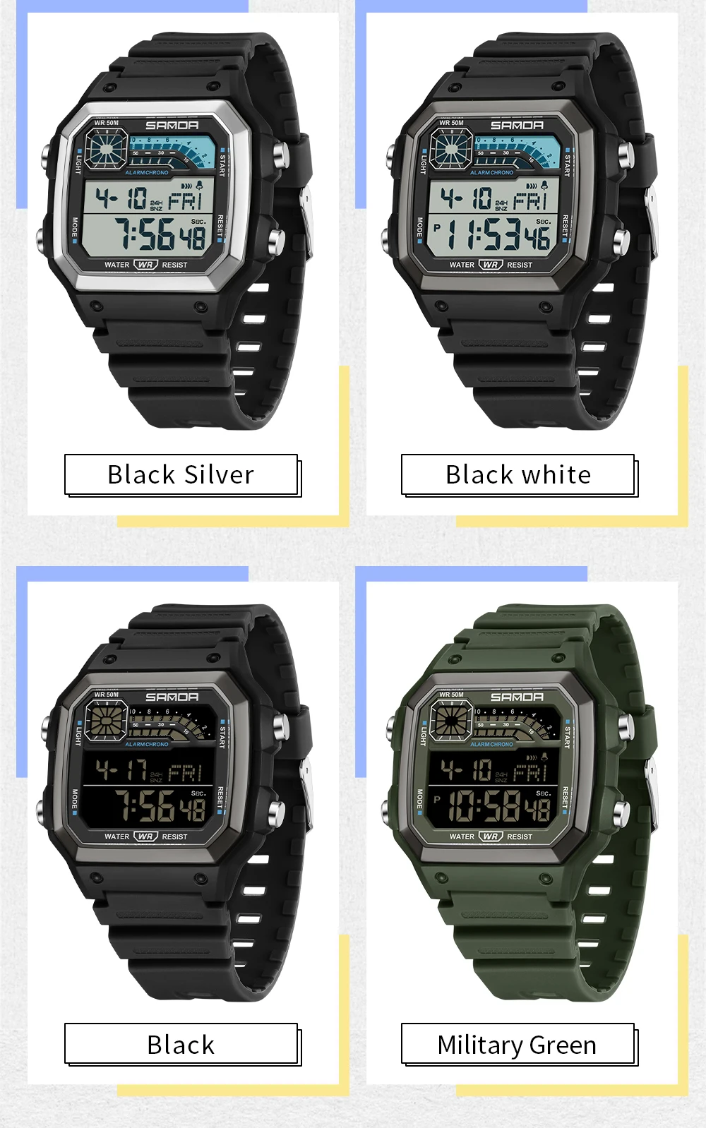 SANDA 6196 Student Electronic Watch Night Light Waterproof Sports Men's Lightweight Square Luxury Classic  Electronic Watch image 6