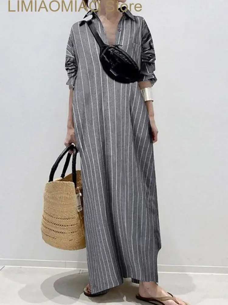 New Summer Dresses Fashion Lapel Polo Collar Temperament Commuter Stripe Loose Waist Dress for Women Cardigan Shirt Dress Robe