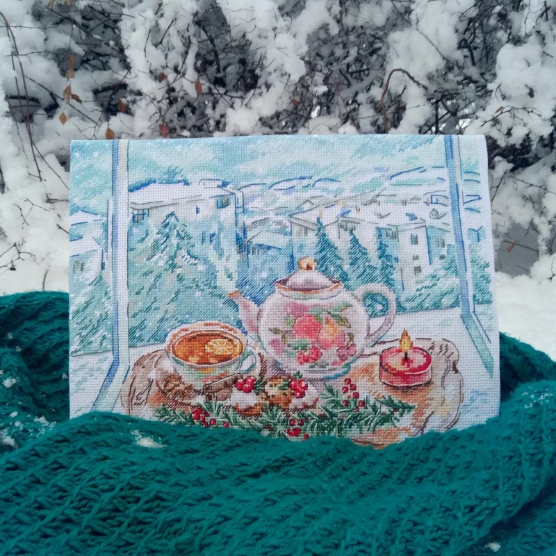 

Cool Breeze DMC Thread Cross Stitch Kit Living Room New Style FJ2288 Winter Morning Tea Pot Snow Scene Printing