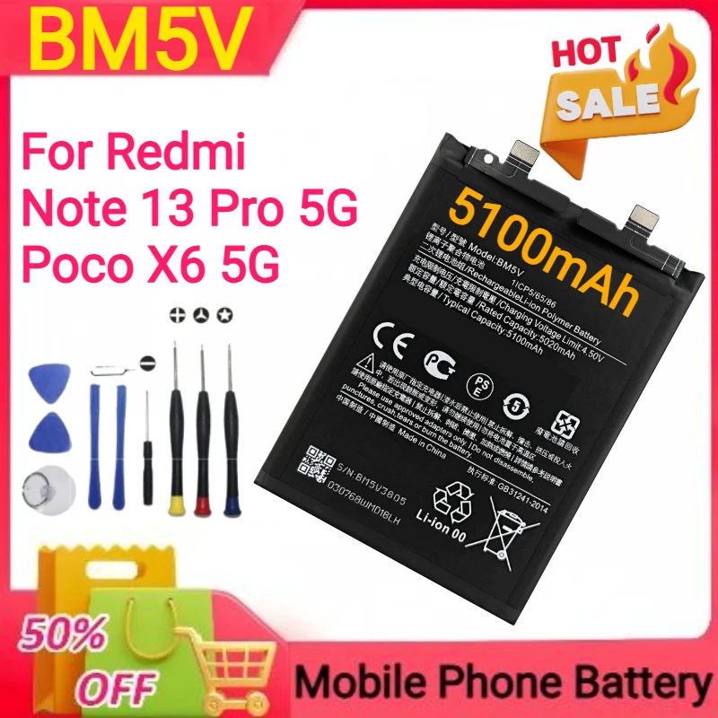 5000mAh /5100mAh BN5P BM5V BM5U para Xiaomi Redmi Note 13/Note 13 Pro/Note 13 Pro + Pro Plus 5G Baterias de telefone móvel + ferramentas