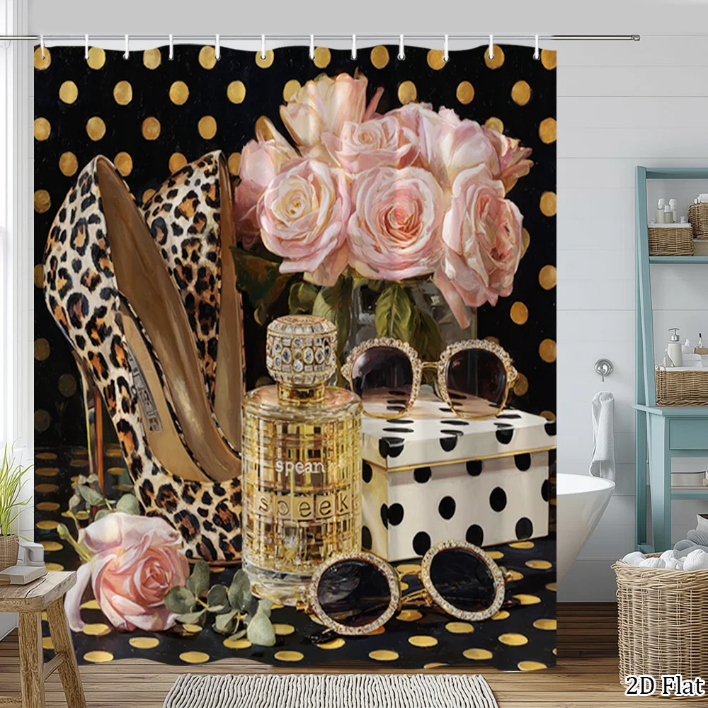 elegant floral shower curtain leopard print high heels pink roses fashion decor with 12 hooks Enhance spatial aesthetics