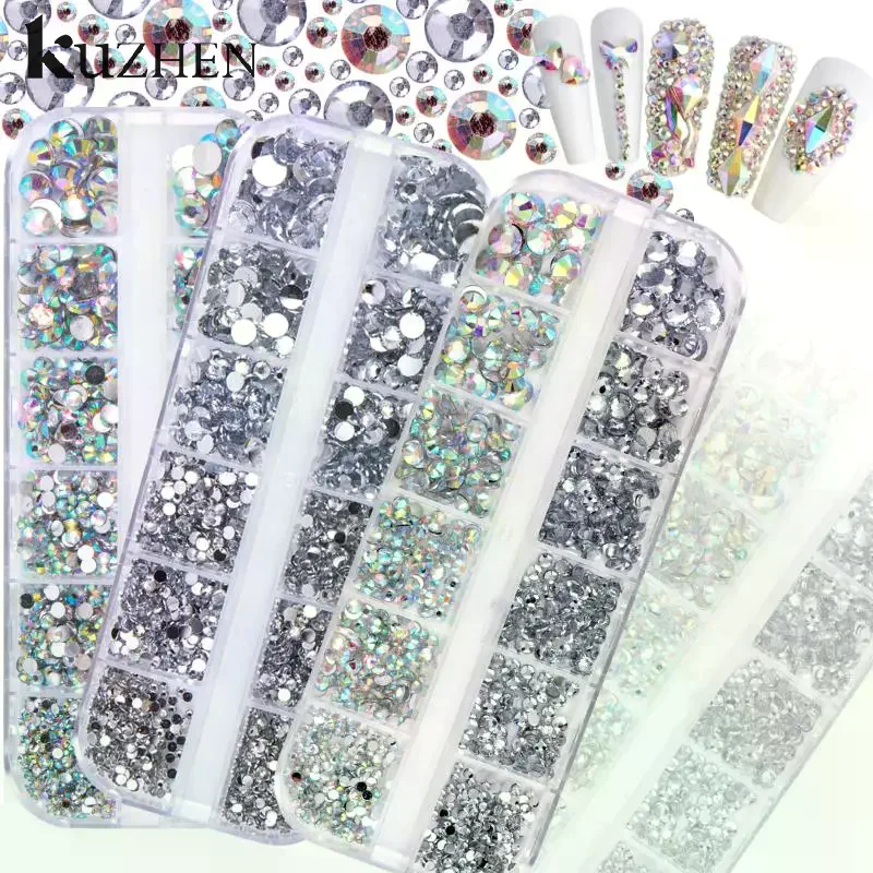 Boîte de 12 grilles pour Nail Art, mélange de perles en strass, cristal AB, bijoux à dos plat, gemmes avec organisateur de rangement pour Nail Art multicolore