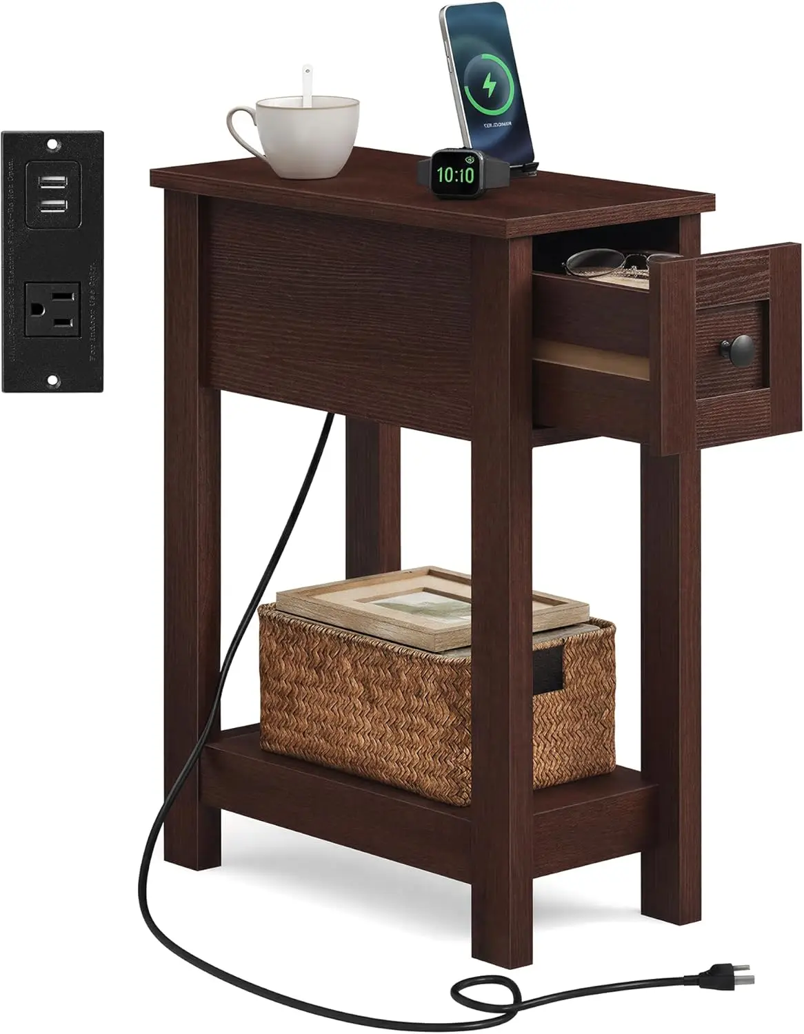 

Farmhouse End Table with Storage Drawer, Narrow Side Table with Charging Station, Nightstand, Easy Assembly, for Living Room,