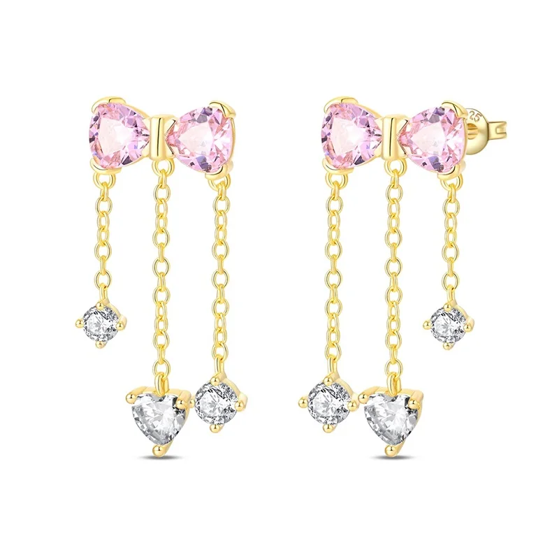 Classic 925 Sterling Silver Gold Bow Tassel Stud Earrings Sparkling Zircon Earrings For Women Fine Anniversary Jewelry Gifts