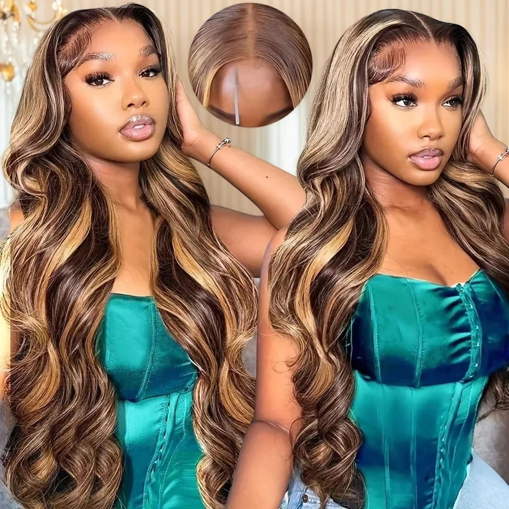 Highlight Ombre Body Wave Lace Front Wig Human Hair 13x4 13X6 4/27 Honey Blonde Lace Frontal Wigs Pre Plucked 200 Density