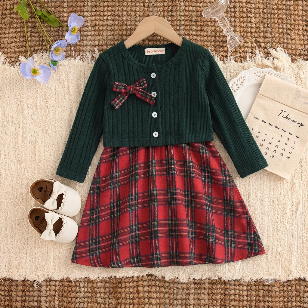 Christmas Fairy Tale Style Casual Clothes with Bow Knitted Cardigan and Tank Top Dress Two Piece Set Autumn and Winter