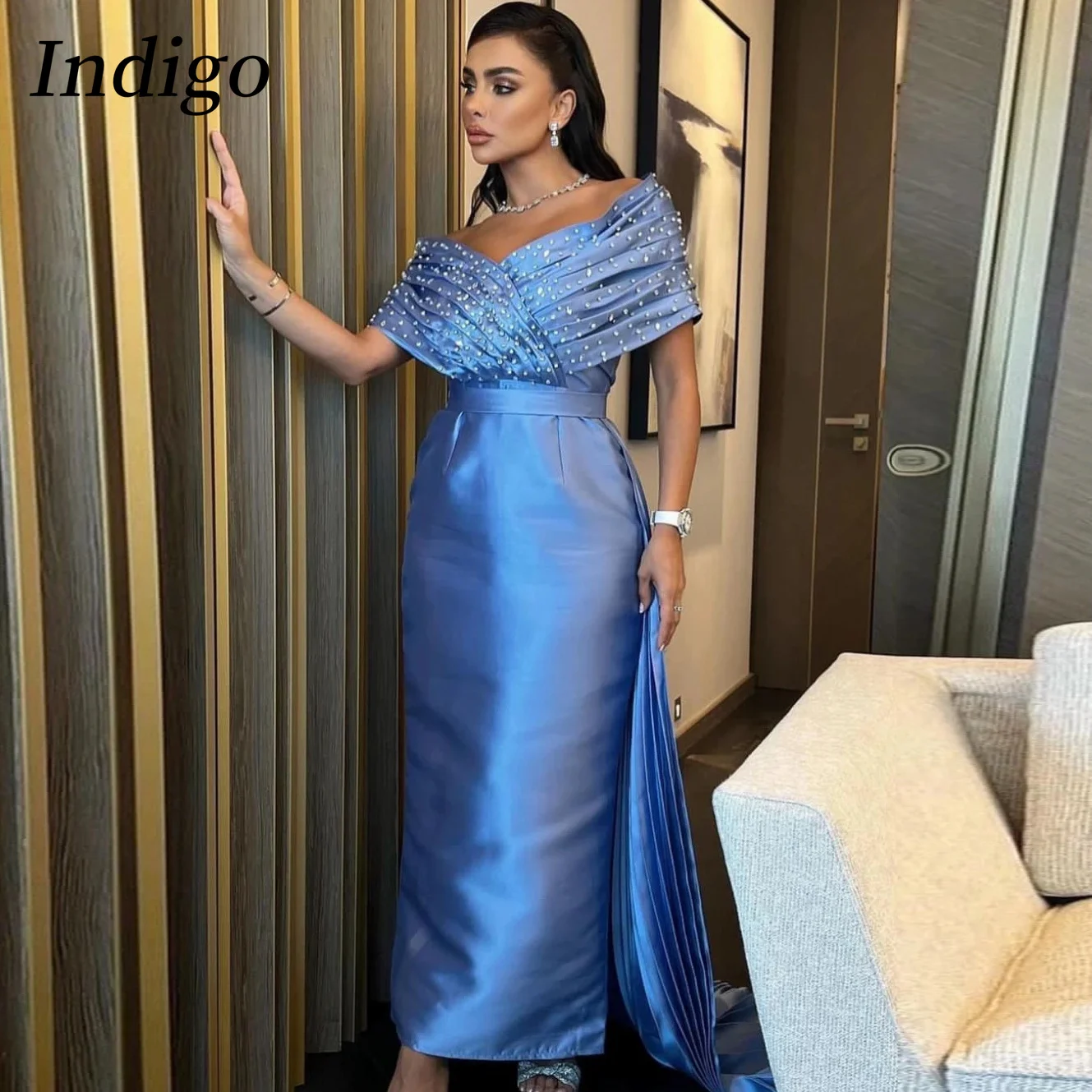 Indigo Satin Prom Dresses Off Shoulder Beads Floor-Length Pleated Elegant Formal Party Dress For Women 2024 فساتين طويلة