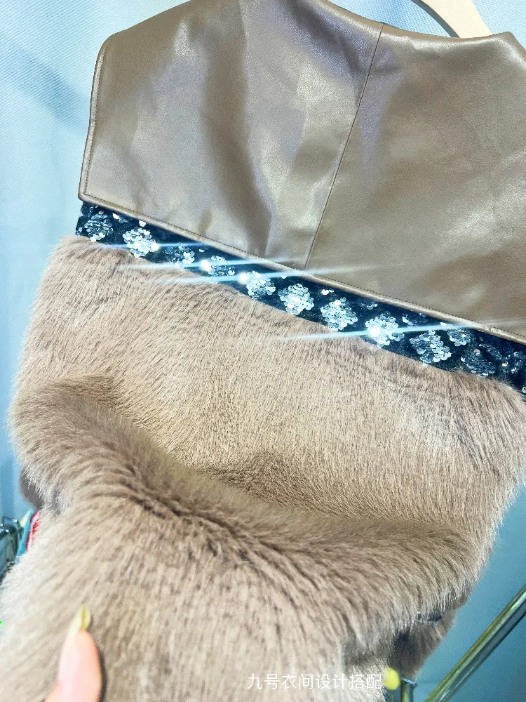 2025 European Style Autumn Winter New Faux Fur Coat for Women with Sequin Patchwork PU Leather Winter Coat Women Fluffy Jacket