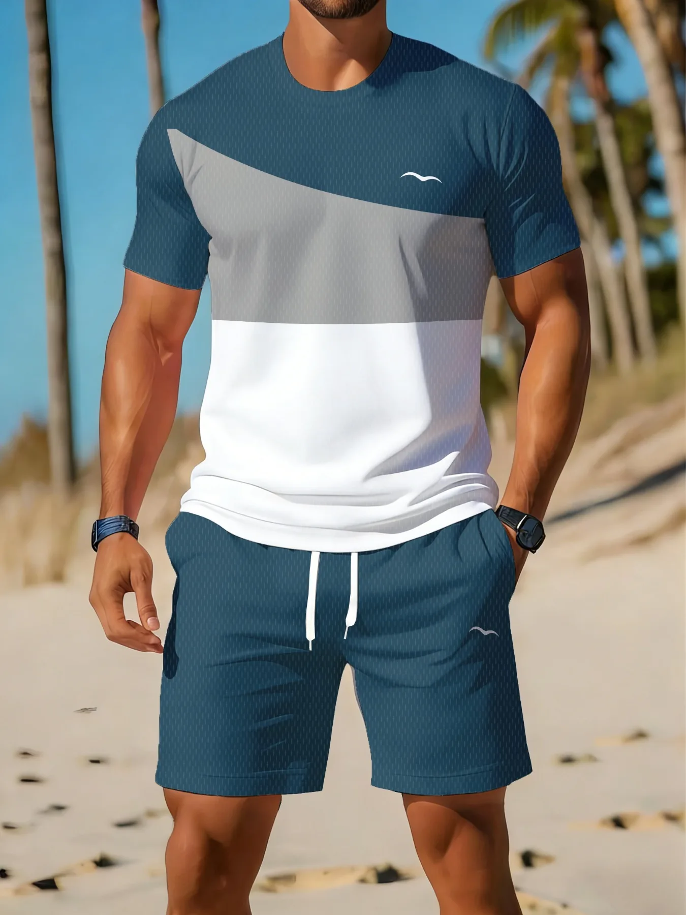 Men's Three-Color Irregular Patchwork Print T-Shirt Set Summer Outdoor Casual Round-Neck Short-Sleeve Set Men's Sports Set view 2