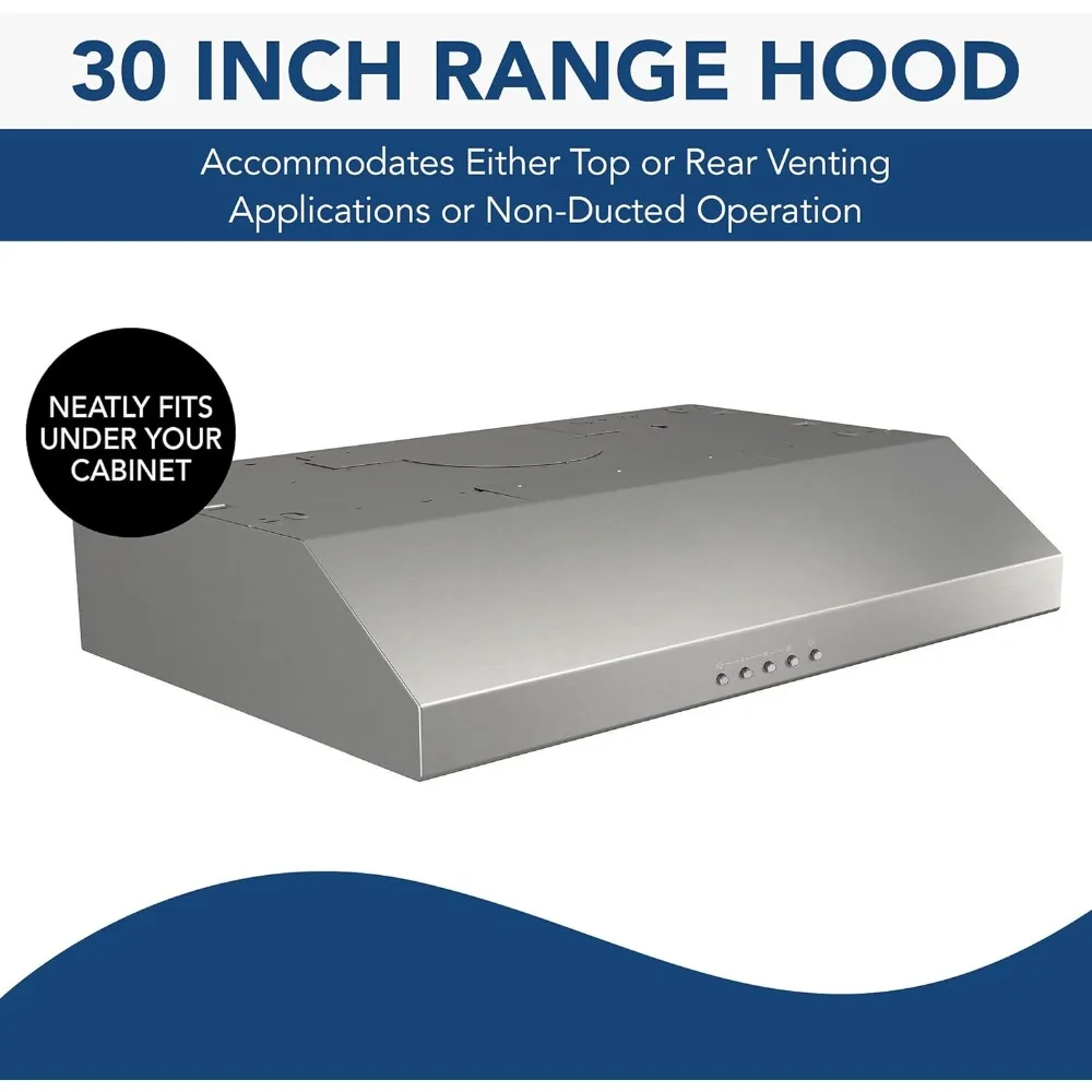 BCSQ130SS Three-Speed Glacier Under-Cabinet Range Hood with LED Lights ADA Capable, 1.5 Sones, 375 Max Blower CFM