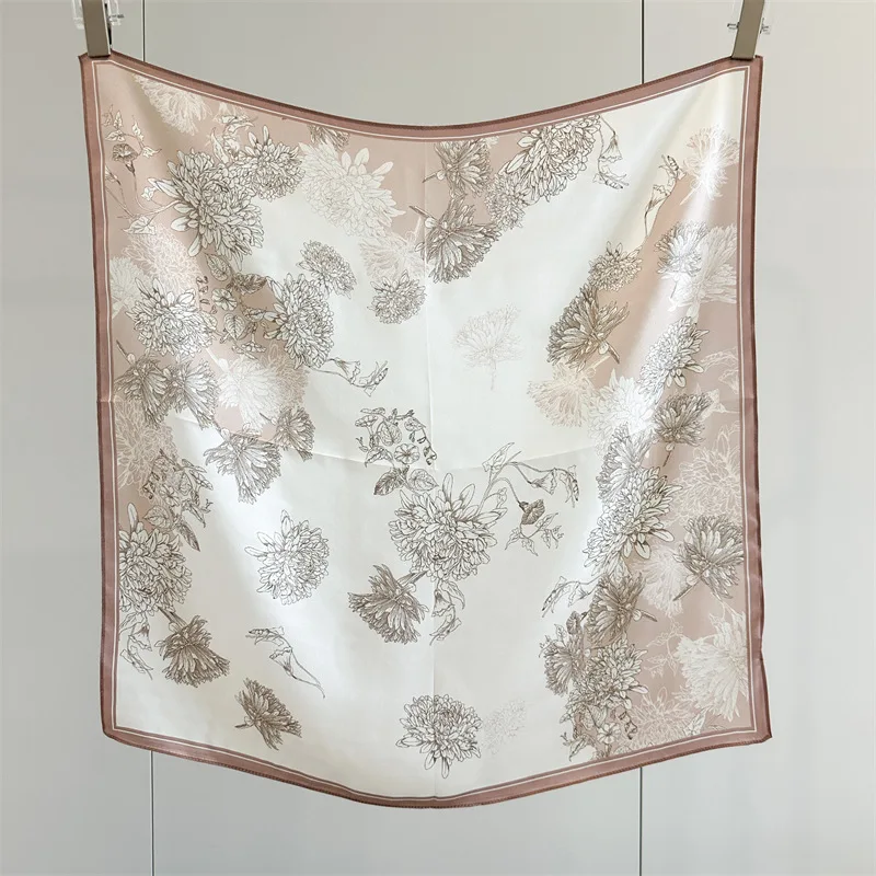 100% MULBERRY SILK Scarf 65x65CM Sketch Chrysanthemum Floral Print Square Scarf Dusty Pink Border Neck Hair Bag Accessory