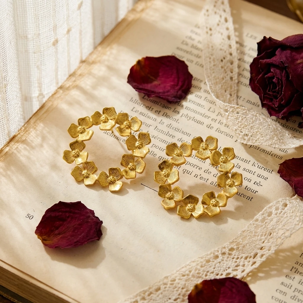 

Waterproof Stainless Steel Floral Wreath Earrings for Women Gold Color Tarnish Free Hypoallergenic Flower Circle Studs Jewelry