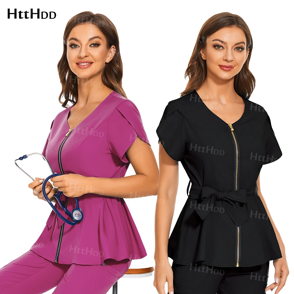 Curto feminino de mangas médicas Scrubs, Beleza Spa Uniformes, Top Veterinário, Jaqueta de Enfermagem Macia, Jaqueta Elegante, Alta Qualidade