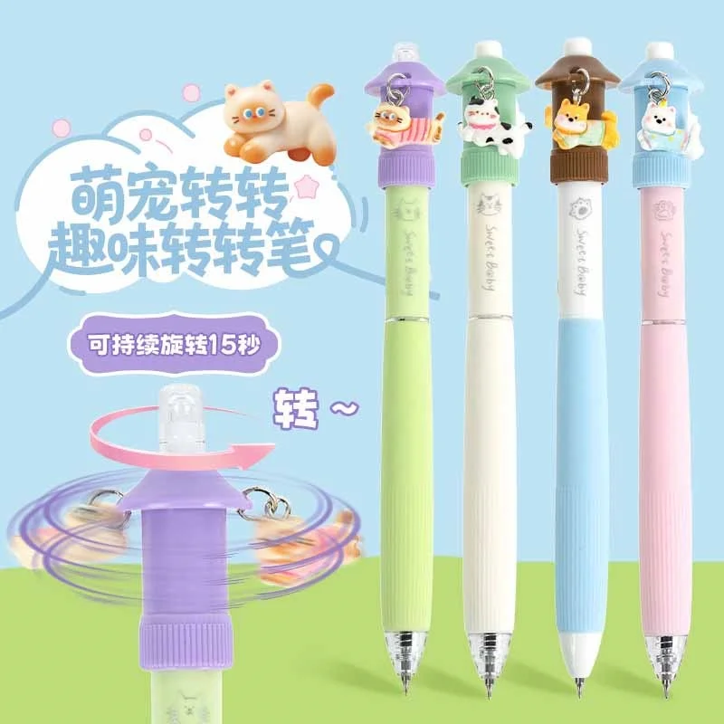 24pcs/lot Creative Cat Dog Rotatable Gel Pen Cute 0.5mm Black Ink Signature Pens Promotional Gift Office School Supplies