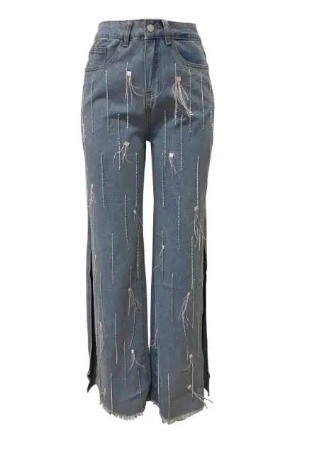 2026 elegante Sexy frauen Mode Nagel Schnalle Dekoration Quaste Lose Gerade Bein Seite Schlitz Denim Hosen Casual Hosen Unten