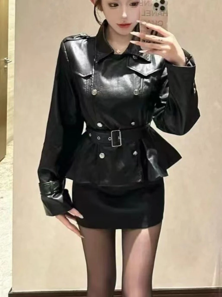 Ensemble 2 pièces rétro Sexy pour femmes, vestes + jupes en Faux cuir à Double boutonnage, tenues Punk américaines Harajuku, nouvelle collection