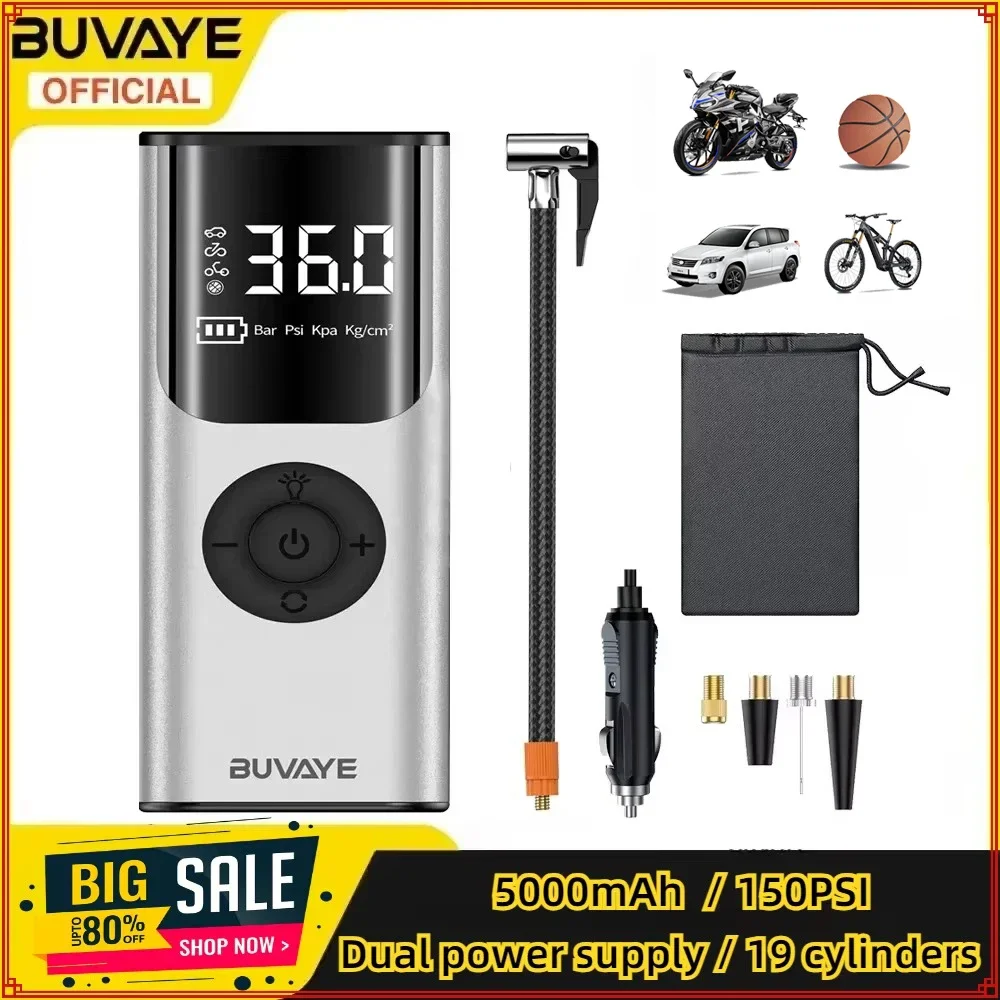 BUVAYE Mini Air Pump Tire Inflator 150PSI Digital Automatic Inflation Tire Pump Wireless Air Compressor for Motorcycle Bicycle