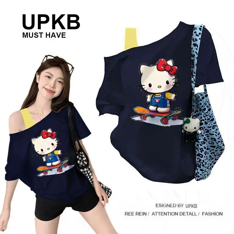 Hello Kitty Off Shoulder T Shirt Women Short Sleeve Loose Soft Cotton Y2K Cute Cartoon Print Casual Streetwear Slant Neck Tops view 4