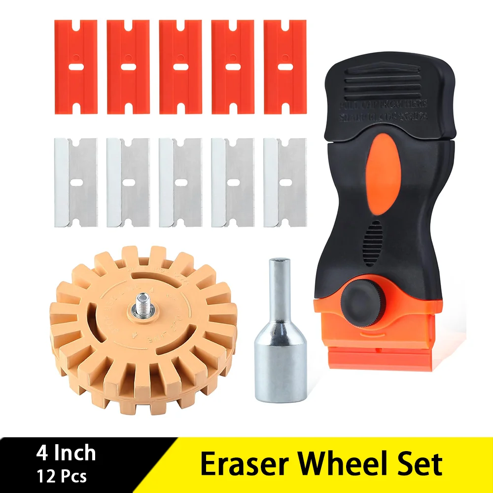 4 Inch Eraser Wheel Set with Eraser Razor Blade Scraper 12 Pcs for Removing Decals Stickers Glue Labels Paint Tint from Windows