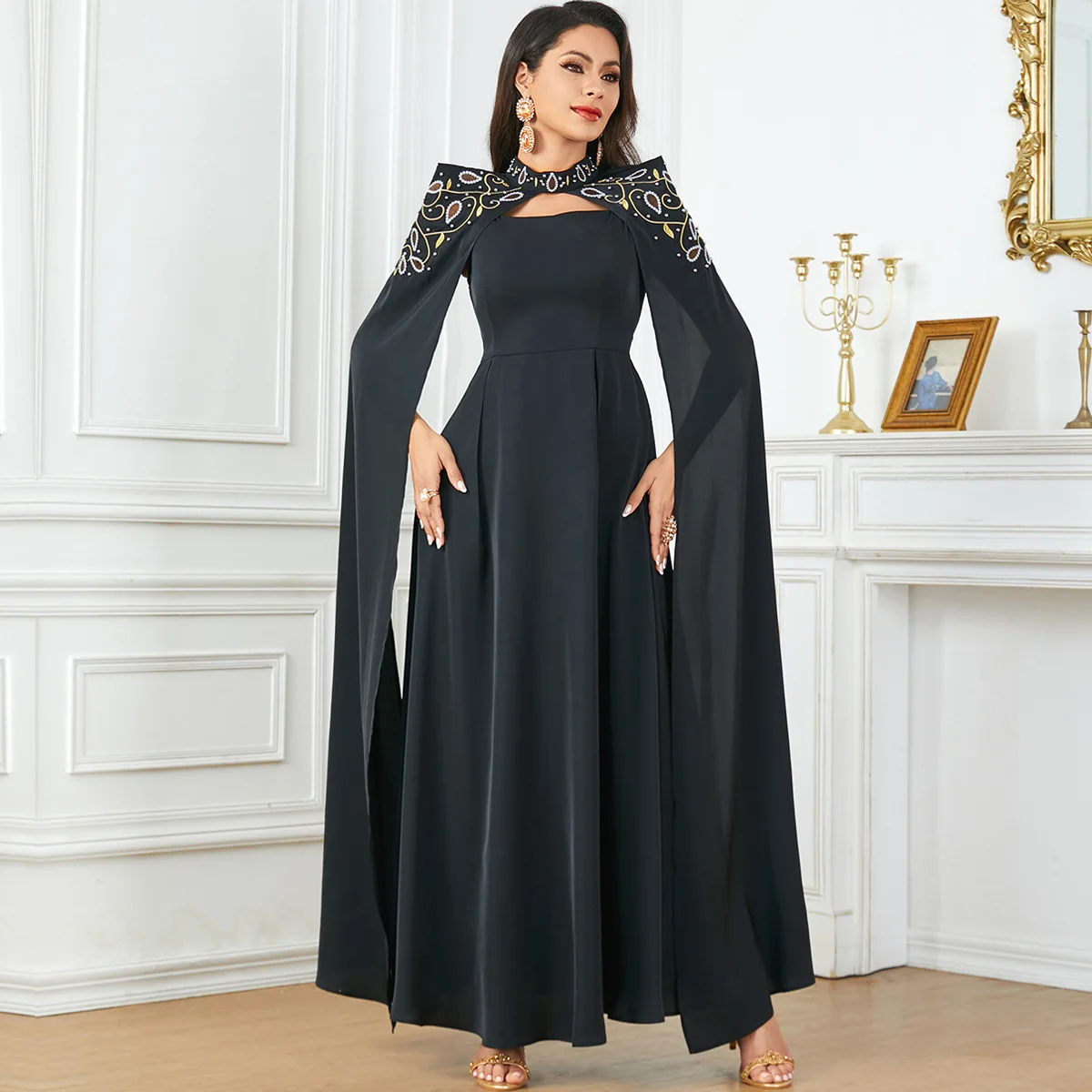 2PCS Eid Djellaba Beads Cape Cloak Evening Maxi Dress Set Dubai Abaya Turkey Kaftan Women Muslim Wedding Party Gown Morocco Robe