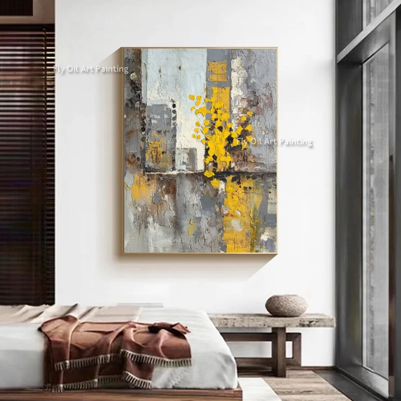 Abstract Handpainted Black Gray Simple Wall Art Decor For Hotel New Original Grey Yellow Oil Painting On Canvas Large Artwork