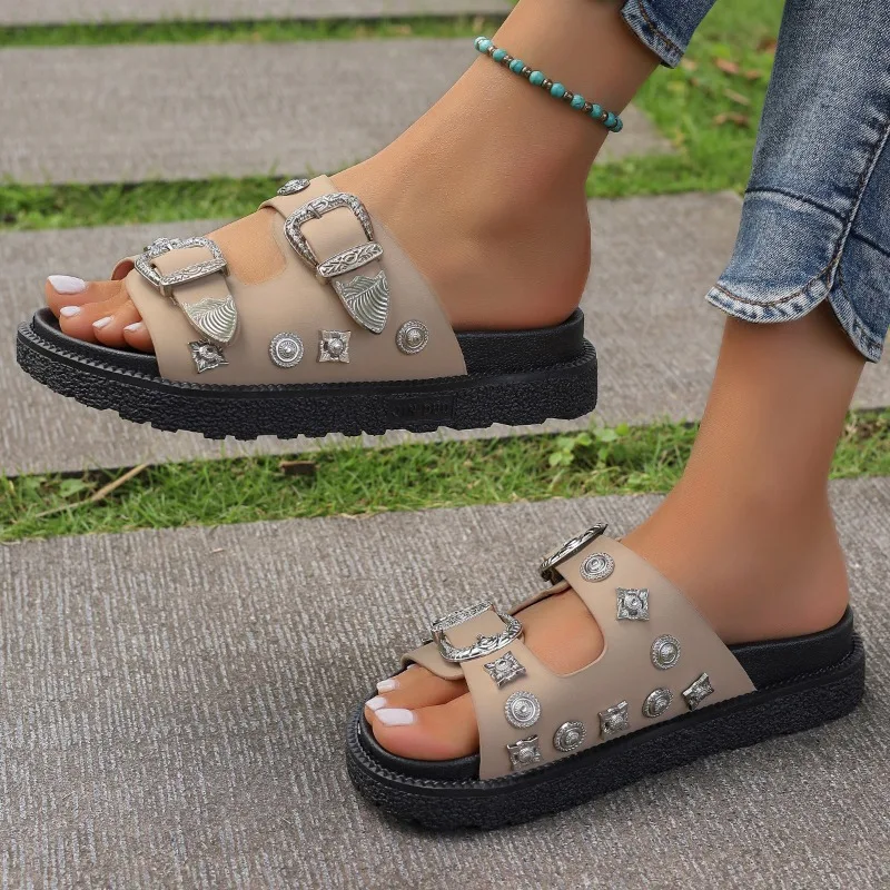 

2025Women's Summer New Fashion Buckle Thick-soled Slippers PU Wedge Heel Sandals Comfortable Slip-on Slippers Women's Large Size