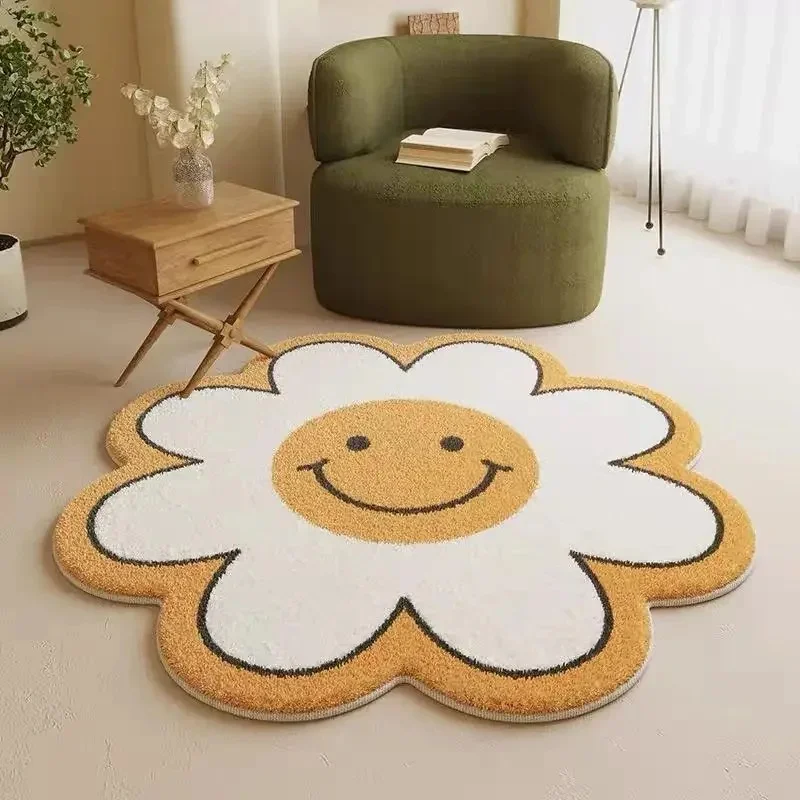 VIKAMA Cartoon Sunflower Smile Face Carpet, Lovely Flower Shape Plush Floor Rug, Anti Slip Entrance Sofa Side Decor Mat