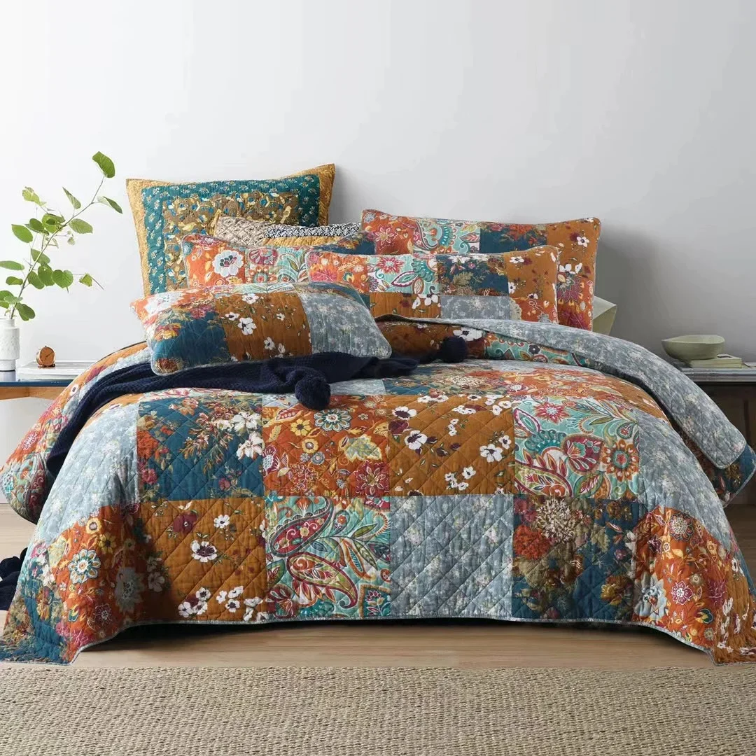 Vintage Floral Cotton Quilt Set 3PCS King Queen Size Patchwork Bedspread Summer Breathable Comforter Blanket for Home Decor