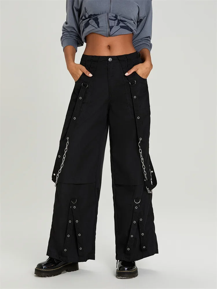 

Fashion Vintage Graphic Women Cargo Jeans Striped Zipper Button Closure Loose y2k Harajuku Trousers with Pockets Streetwear