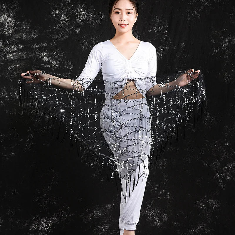 Best Seller Belly Dance Accessory Set | Sequin Fringe Triangle Scarf & Waist Chain, Performance Hip Scarf with Practice Skirt