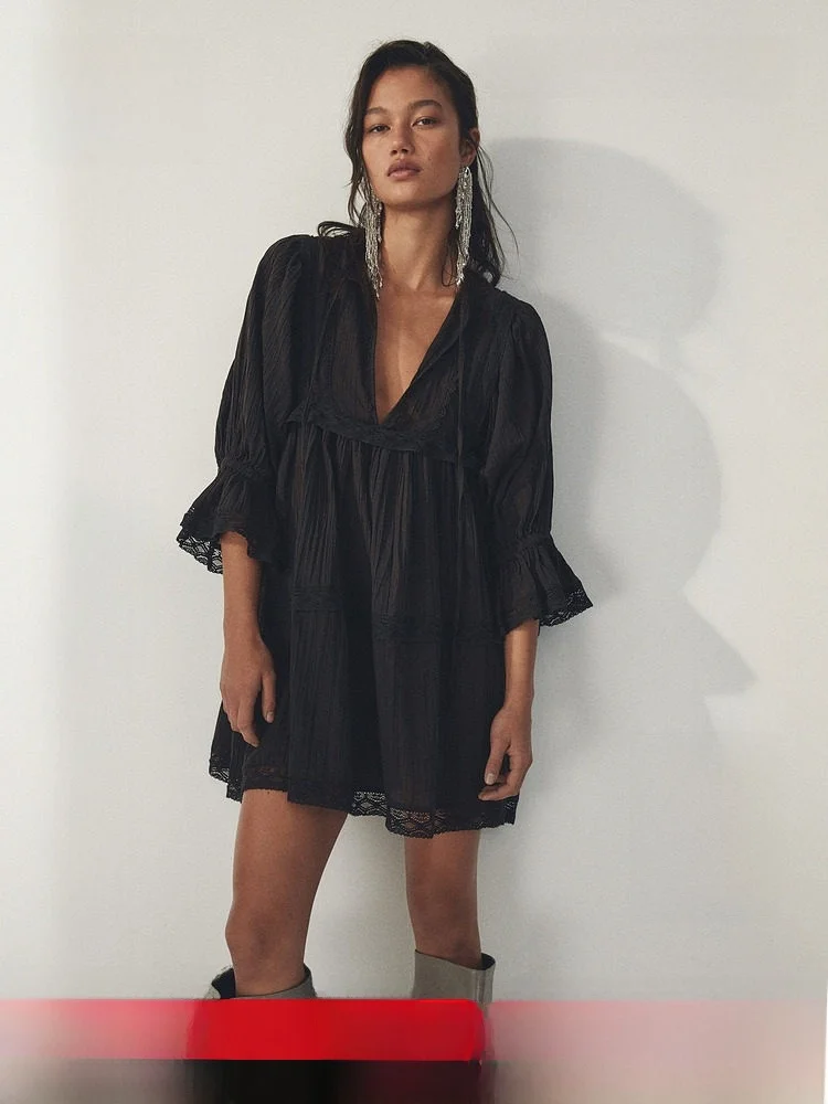 

H&M Summer New Women's Lace Trimmed Cotton Dress Casual Style Loose Fit Waist Cinched Casual Dresses for Ladies
