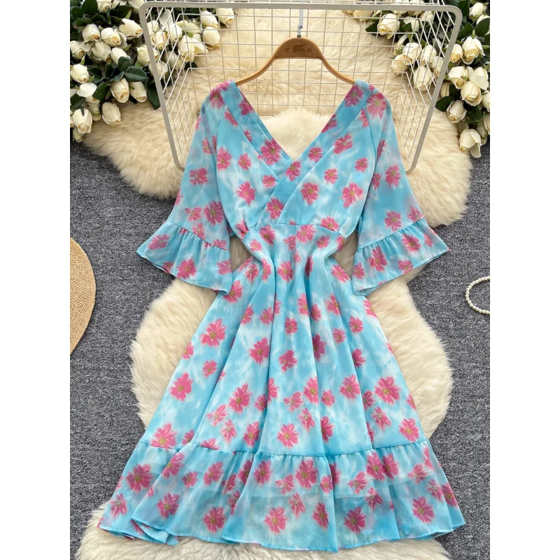 Boho v neck women summer floral print chiffon backless midi dress casual elastic waist a-line vestido de festa beach vestidos