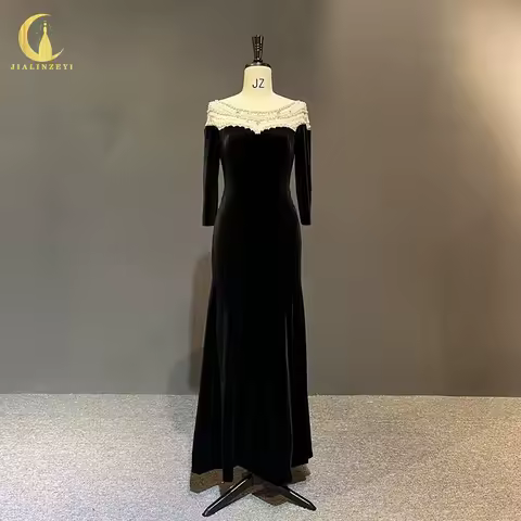 3413 Rhine Black Velvet Long Sleeves Pears Crystal Mermaid فساتين السهرة robes de soir&eacute;e fiesta evening dress