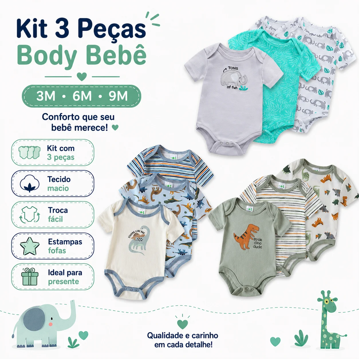 Kit com 3 Body Bebê Menino Manga Longa Confortável Estampado 3M 6M 9M